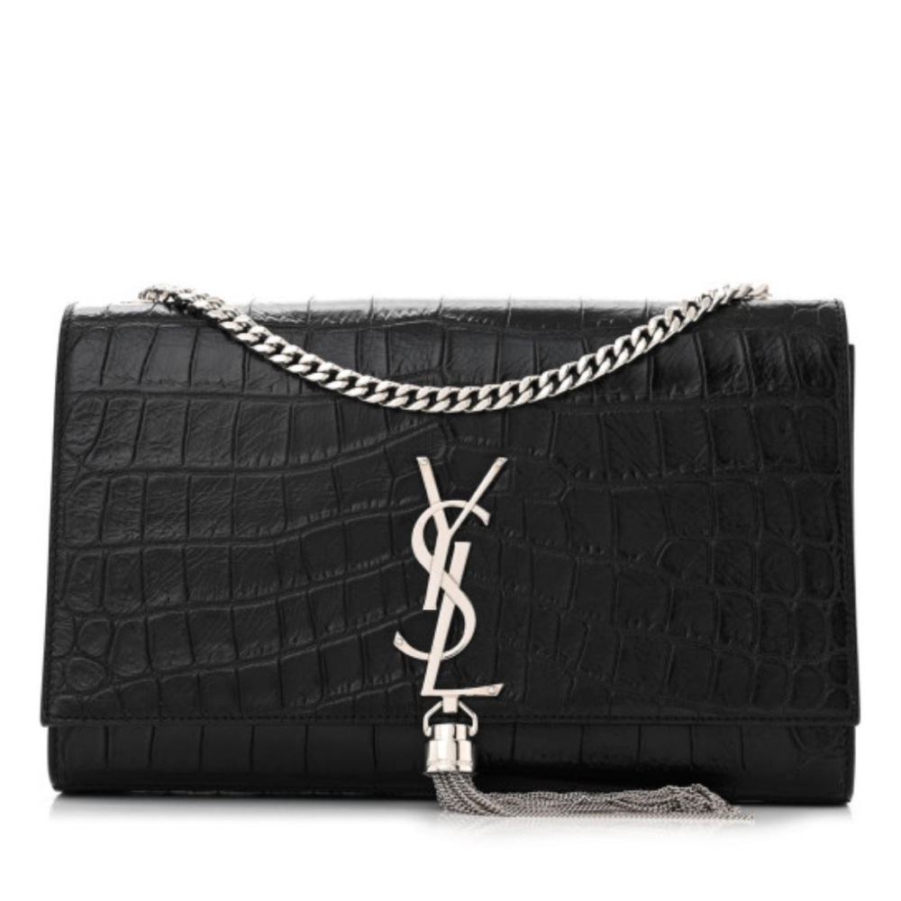 SAINT LAURENT Calfskin Crocodile Embossed Small Classic Monogram Kate Tassel
